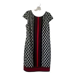 Established 1962 Dress Black , White and Red Patterned Midi Size 14